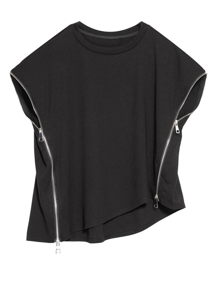 2024 Women Black Zipper Irregular Big Size Casual T-shirt New Round Neck Sleeveless Fashion Spring Summer