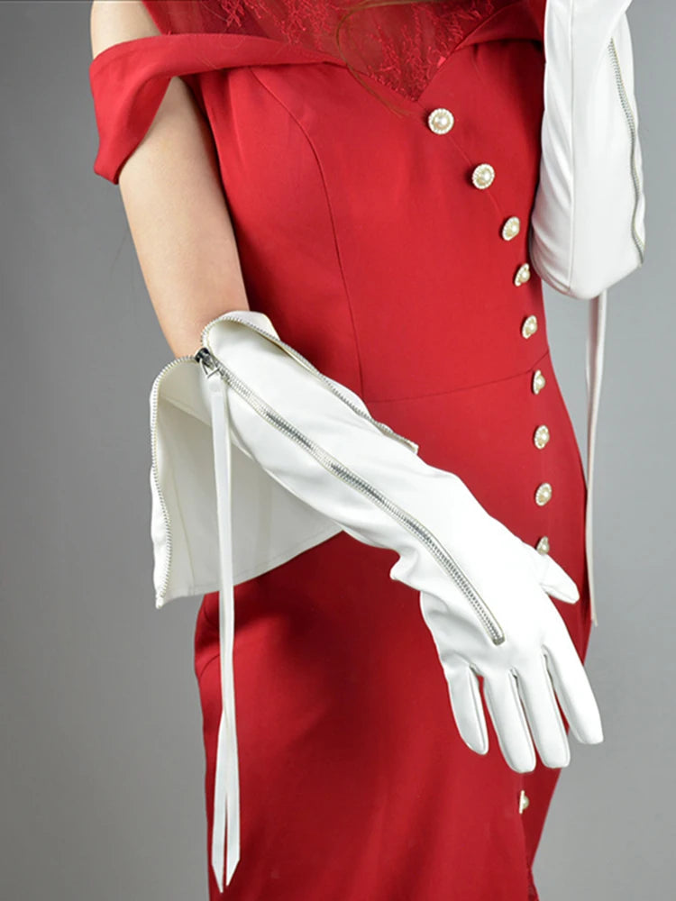 2024 Women Black Zipper Long Tassels Gloves New Pu Leather Personality Fashion  Spring Autumn