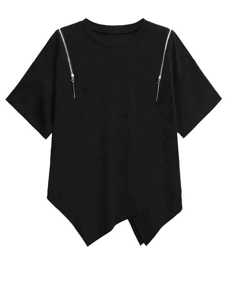 2024 Women Black Zipper Off Shoulder Big Size T-shirt New Round Neck Short Sleeve Fashion Spring Summer