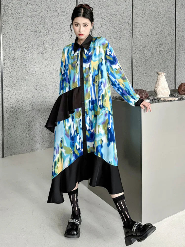 2024 Women Green Pattern Printed Irregular Big Size Shirt Dress New Lapel Long Sleeve Fashion