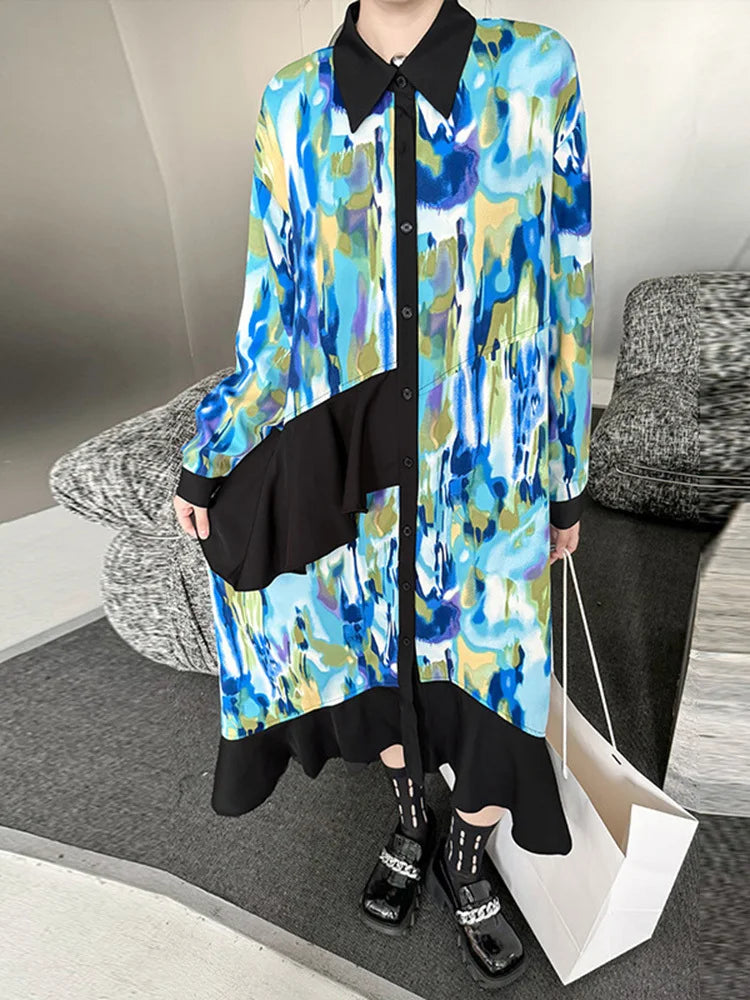 2024 Women Green Pattern Printed Irregular Big Size Shirt Dress New Lapel Long Sleeve Fashion