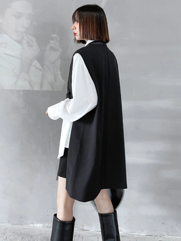 2024 Women Loose Fit Black Irregular Buckle Big Size Long Vest New Lapel Sleeveless Fashion Spring Autumn