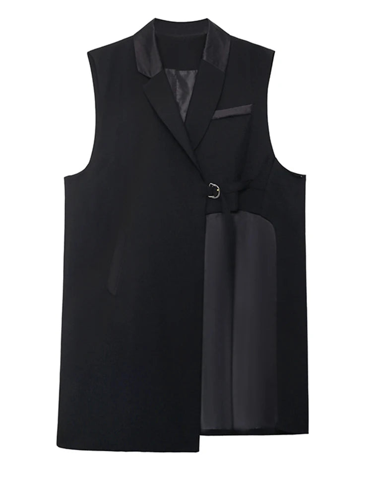 2024 Women Loose Fit Black Irregular Buckle Big Size Long Vest New Lapel Sleeveless Fashion Spring Autumn