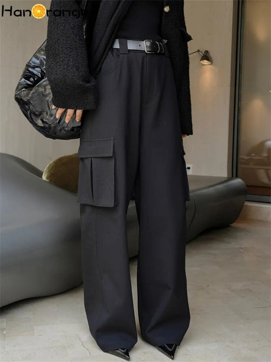 2023 Autumn Fashion Silhouette Pocket High Waist Wide Leg Pants Women Drop Long Trousers Female Black/Coffee
