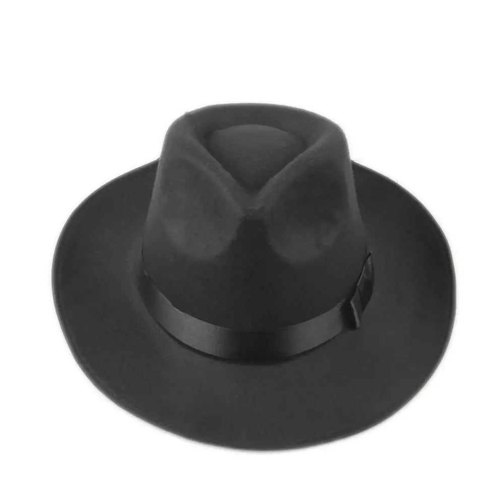 Vintage Men Women Hard Wool Felt Hat Wide Brim Fedora Trilby Panama Hat Gangster Cap (One Size:58cm)