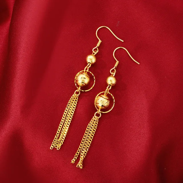 Real 999 Gold Long Earrings for Women Imitation Gold Jewelry Wedding Earrings Transit Beads Earrings Snowflake Tassel Ear Wire