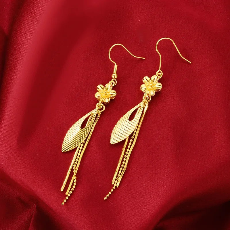 Real 999 Gold Long Earrings for Women Imitation Gold Jewelry Wedding Earrings Transit Beads Earrings Snowflake Tassel Ear Wire