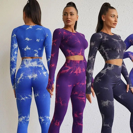 Seamless Tie-Dye Yoga Sets Sports Fitness High Waist Hip-lifting Trousers Long-sleeved Suits Workout Gym Leggings Sets for Women