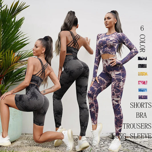 Seamless Tie-Dyed Yoga Sets Sports Fitness High Waist Hip Raise Pants Cutout Bra Suit Workout Clothes Gym Leggings Set for Women