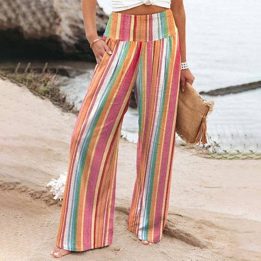 2024 Summer New Thin Color Contrast Wide Leg Pants for Women Fashion Versatile Stripe