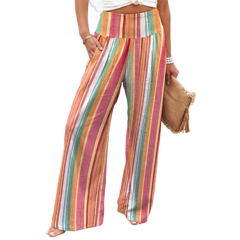 2024 Summer New Thin Color Contrast Wide Leg Pants for Women Fashion Versatile Stripe