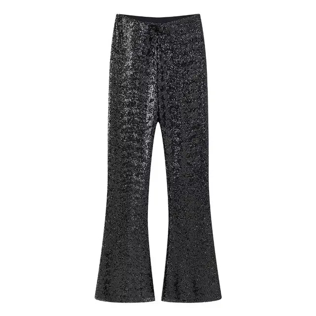 2024 New Women Fashion Elegant Sequins Decoration Solid Flared Pants Woman High Waist Casual Loose Trousers Streetwear