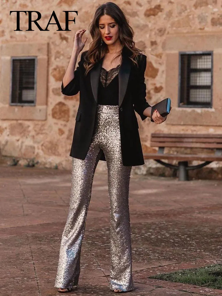 2024 New Women Fashion Elegant Sequins Decoration Solid Flared Pants Woman High Waist Casual Loose Trousers Streetwear