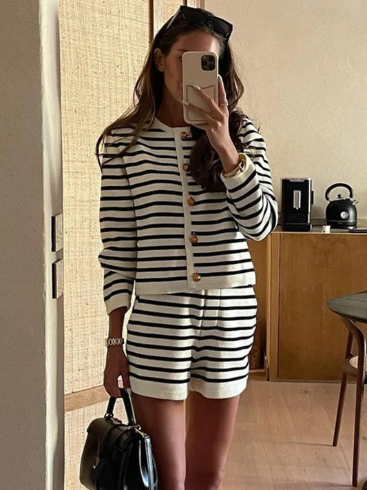 Striped Knit 2 Piece-Set Shorts Women Fashion Zebra Printed Cardigan And High Waist Patchwork Shorts Sets Knitwear Outfits
