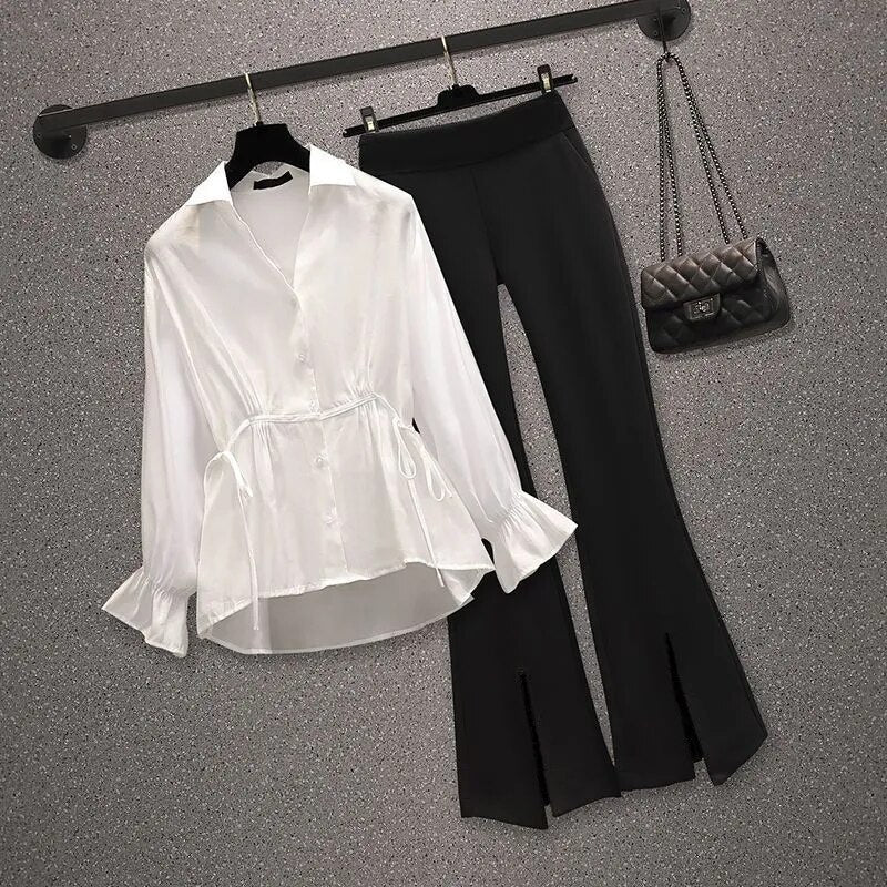 Two Piece Sets Women V-Neck Long Sleeve Shirt Tops and High Waist Pants Suit Casual Female Outfits