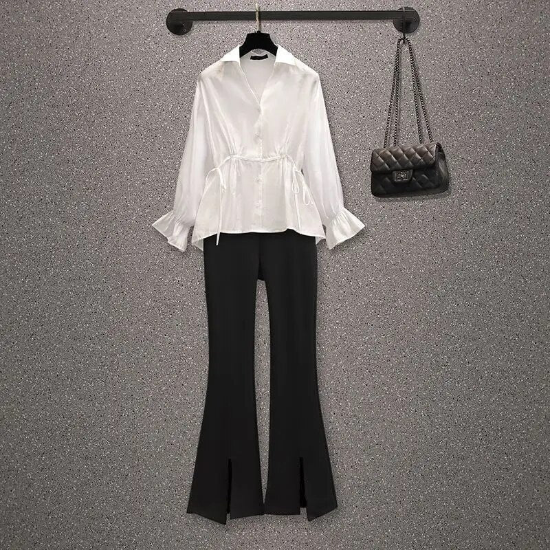 Two Piece Sets Women V-Neck Long Sleeve Shirt Tops and High Waist Pants Suit Casual Female Outfits