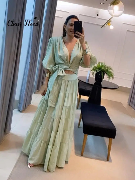 Vintage Solid Hollow Out Dress Casual Waistband Ruffles Puff Sleeve Long Dresses Summer Temperament Gentle Office Lady Vestido