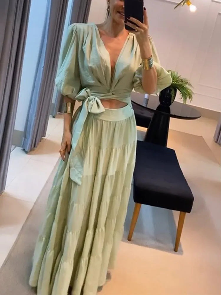 Vintage Solid Hollow Out Dress Casual Waistband Ruffles Puff Sleeve Long Dresses Summer Temperament Gentle Office Lady Vestido