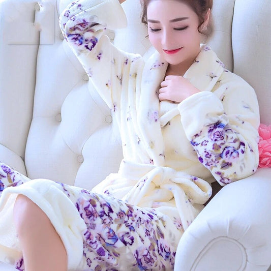 Winter Warm Women's Robes Coral Fleece Sleepwear Female Kimono Print Floral Nightdress Dressing Gown Lounge Wear Hotel Bathrobe