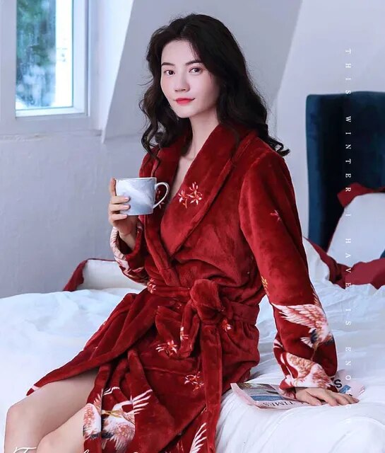 Winter Warm Women's Robes Coral Fleece Sleepwear Female Kimono Print Floral Nightdress Dressing Gown Lounge Wear Hotel Bathrobe