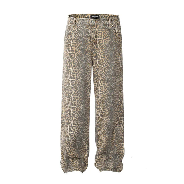 Woman Vintage Leopard Jeans 2024 Y2k Spring Autumn Simple Casual Oversize Wide Leg Trousers Streetwear Hip Hop Female Loose Pant