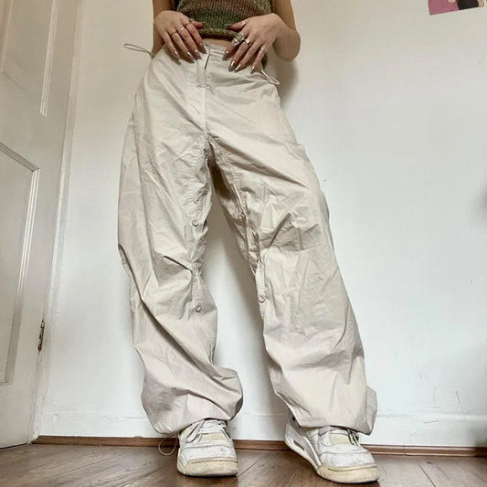 Women Casual Baggy Cargo Pant Spring Summer Solid Color Straight Oversize Sweatpants Wide Leg Midi Waist Drawstring Trousers