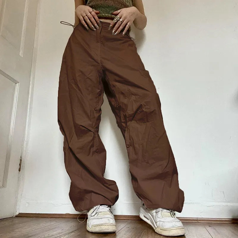 Women Casual Baggy Cargo Pant Spring Summer Solid Color Straight Oversize Sweatpants Wide Leg Midi Waist Drawstring Trousers