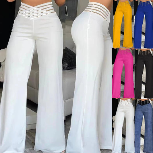 Women Elegant White Flared Pants Casual High Waist Wide Leg Trousers Crisscross Sheer Mesh Patch Pant Solid Chic Female Clothes