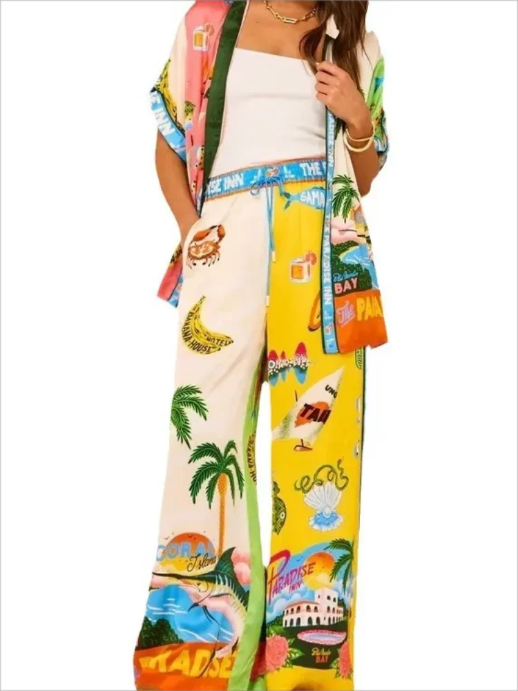 Women Holiday Casual Printed Coconut Trees Short Sleeve Shirt Blouse Top Loose Long Pants 2 Piece Set