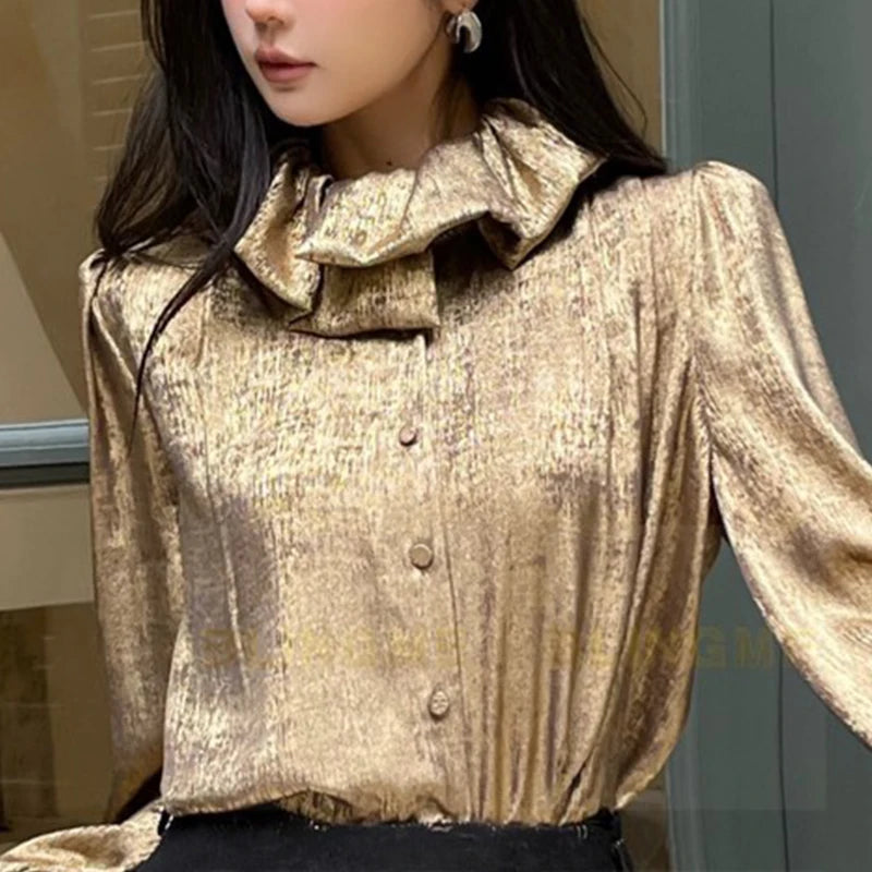 Women Hot Stamping Fabric Shirt 2Colors Top-Quality Single-Breasted Bow Lapel Loose Blouse Runway New Elegant Tops
