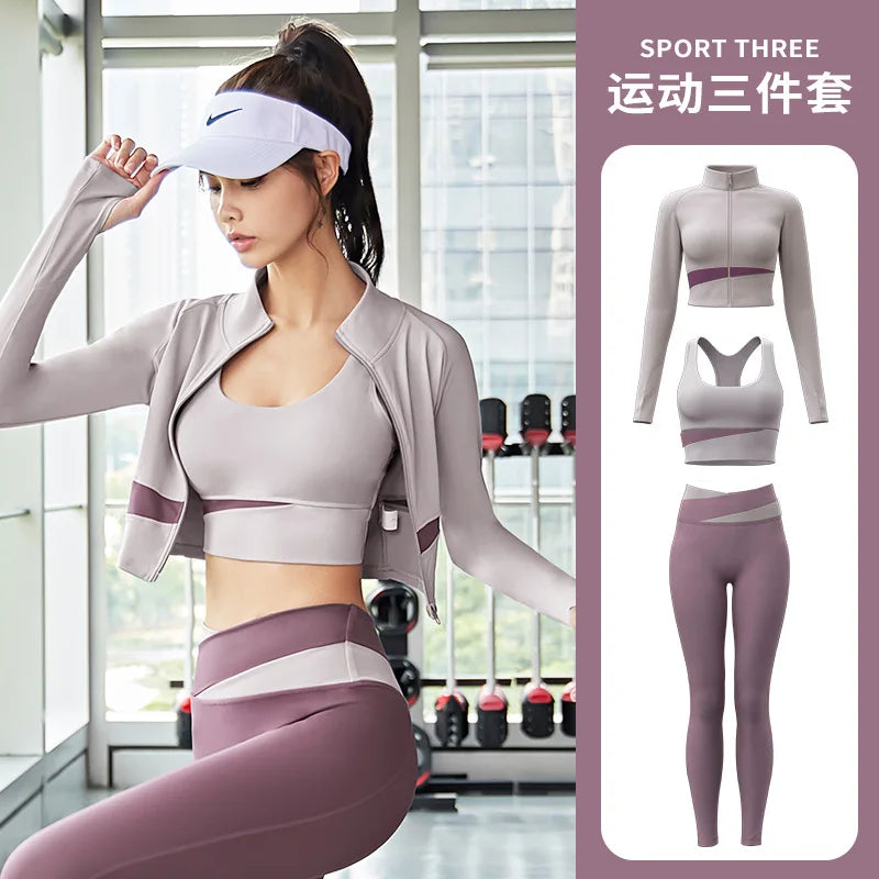 Women Yoga Patchwork 3 Piece Set Fitness Gym Coats+Bra+Leggings Workout Running Sportswear Clothing Tracksuit Ensemble Femme