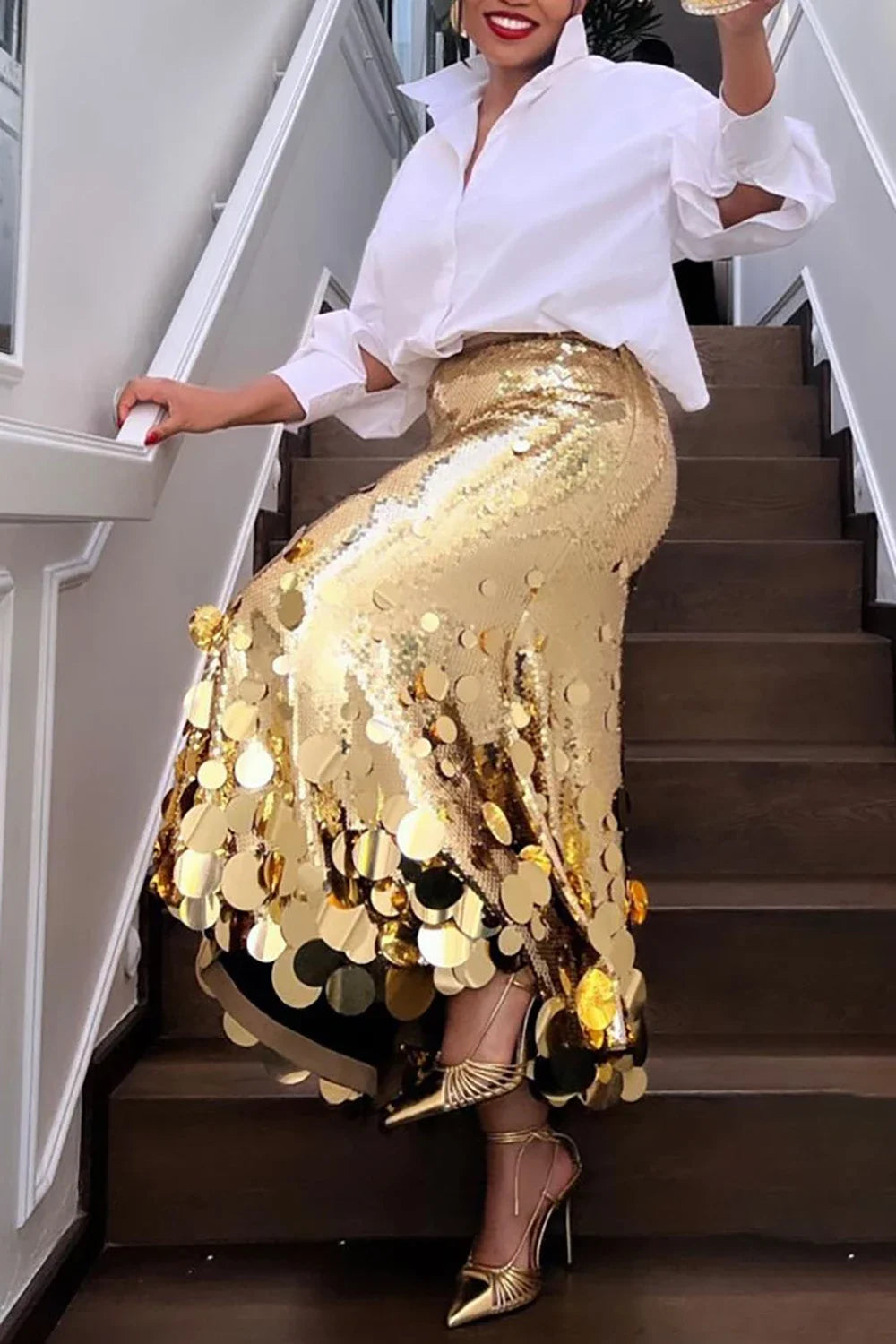 2024 Women's Plus Size Formal Skirts Elegant Gold Long Sequin Party Club Evening High Waist