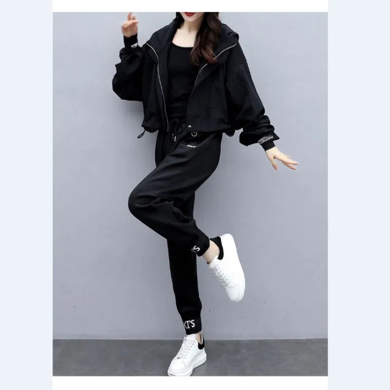 Women's Tracksuit Korean Elegant Hoodie Zipper Jacket Coat Sport Pants Two Piece Suit 2024 Spring