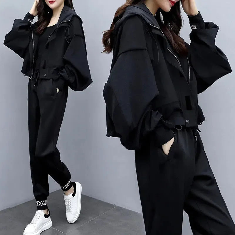 Women's Tracksuit Korean Elegant Hoodie Zipper Jacket Coat Sport Pants Two Piece Suit 2024 Spring
